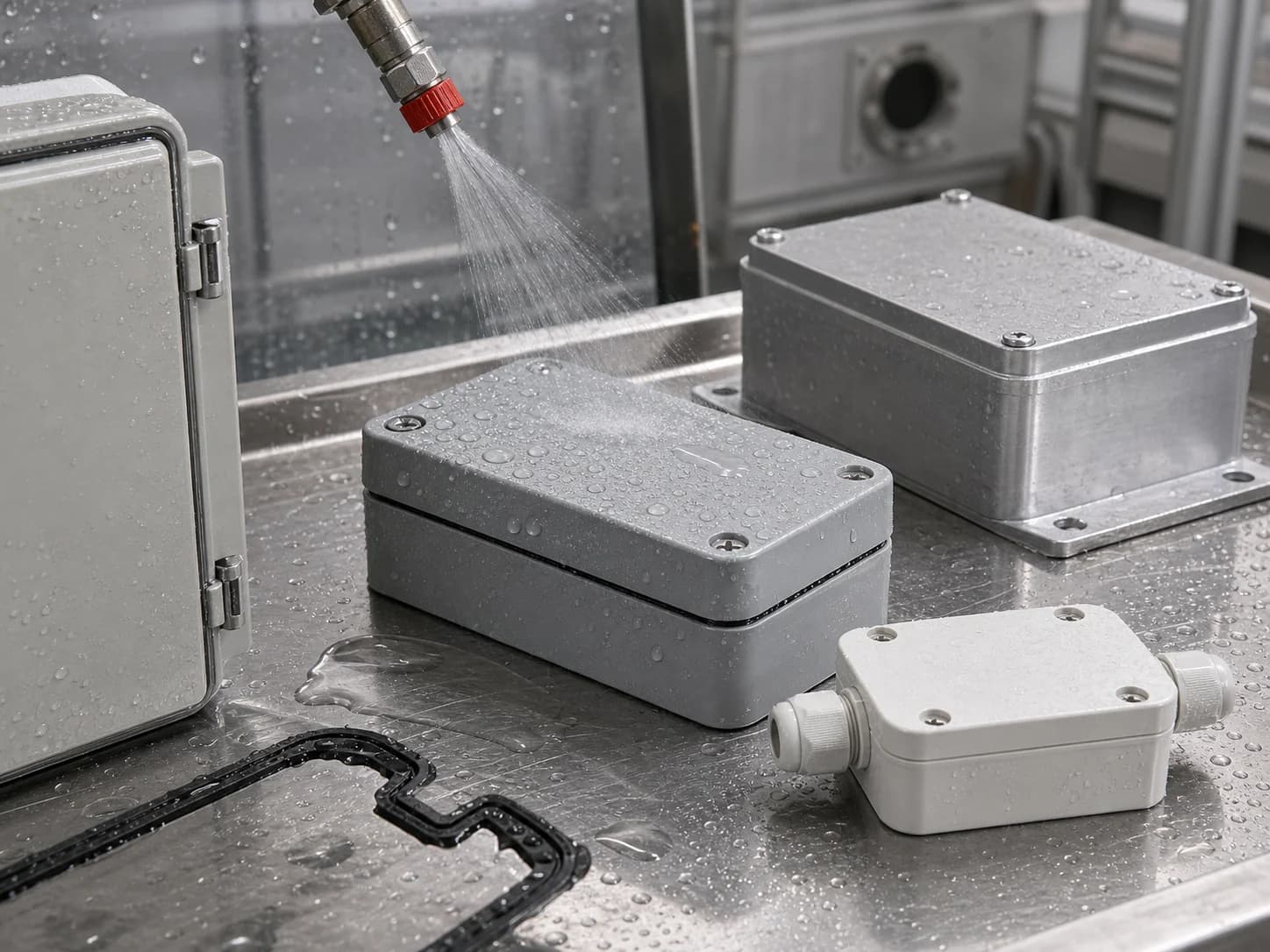 IP-Schutzart-Test mit abgedichteten Industriegehäusen und Wasserstrahl