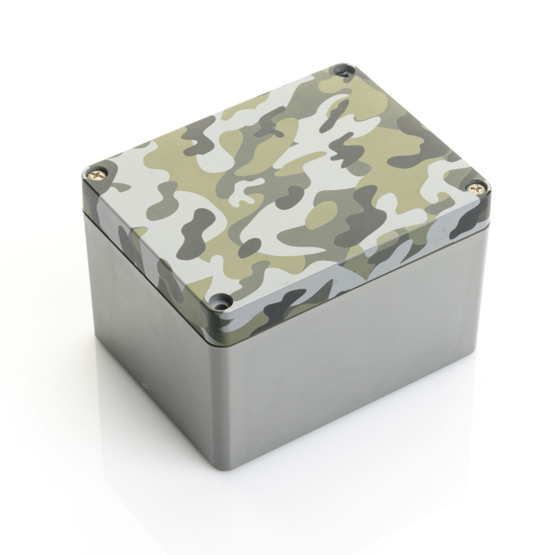 Industrial enclosure with camouflage UV print pattern
