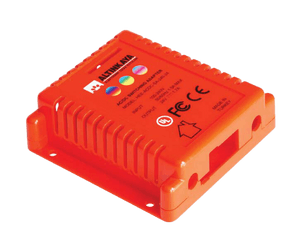 Orange enclosure with white UV printed text
